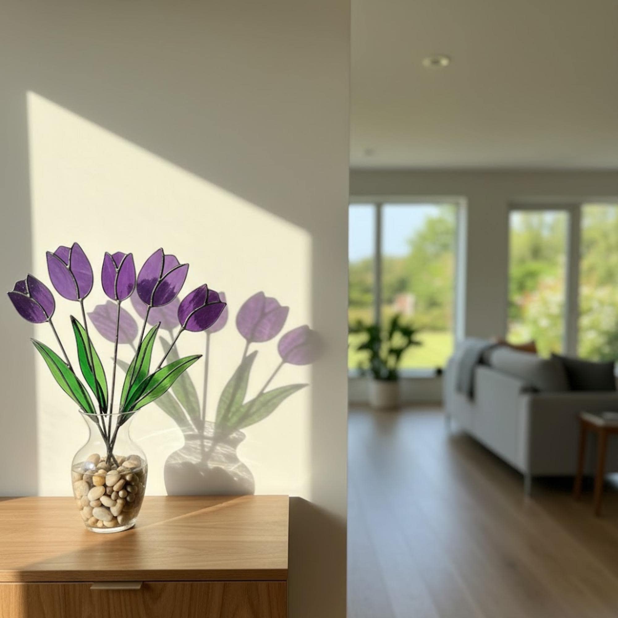 Stained glass tulip flower bouquet, colorful spring decor stems for vase, eternal glass art gift for mom.