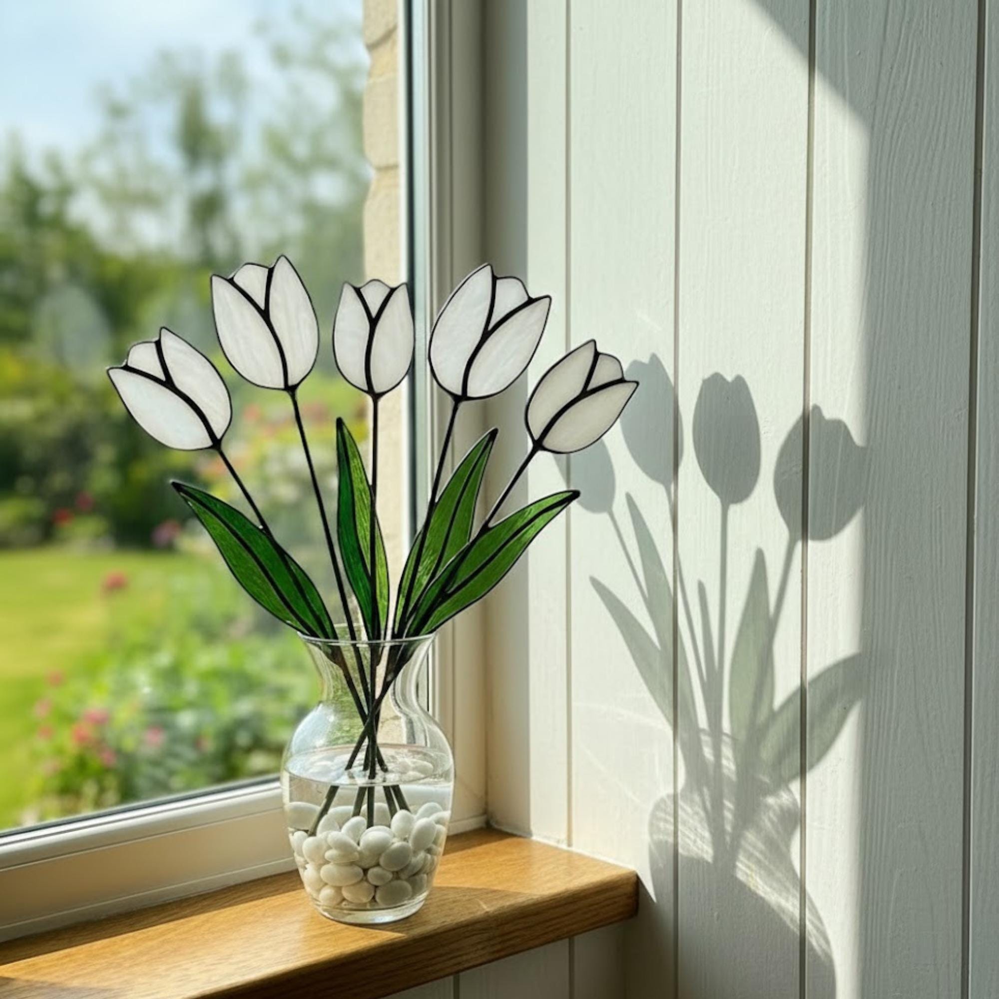 Stained glass tulip flower bouquet, colorful spring decor stems for vase, eternal glass art gift for mom.