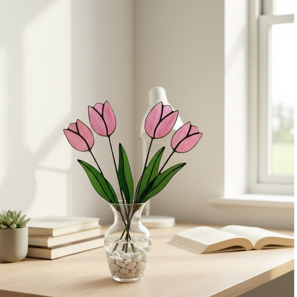 Stained glass tulip flower bouquet, colorful spring decor stems for vase, eternal glass art gift for mom.