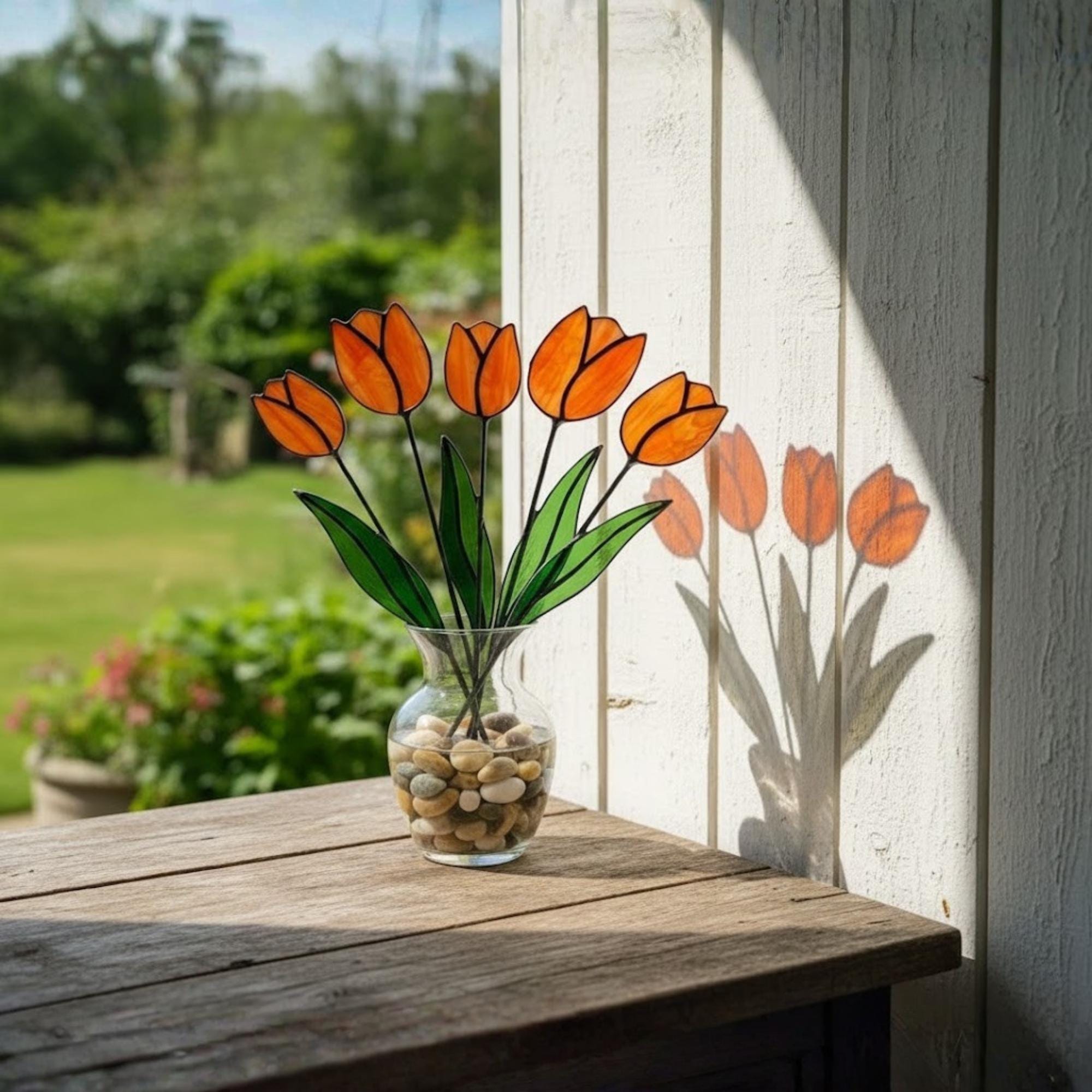 Stained glass tulip flower bouquet, colorful spring decor stems for vase, eternal glass art gift for mom.