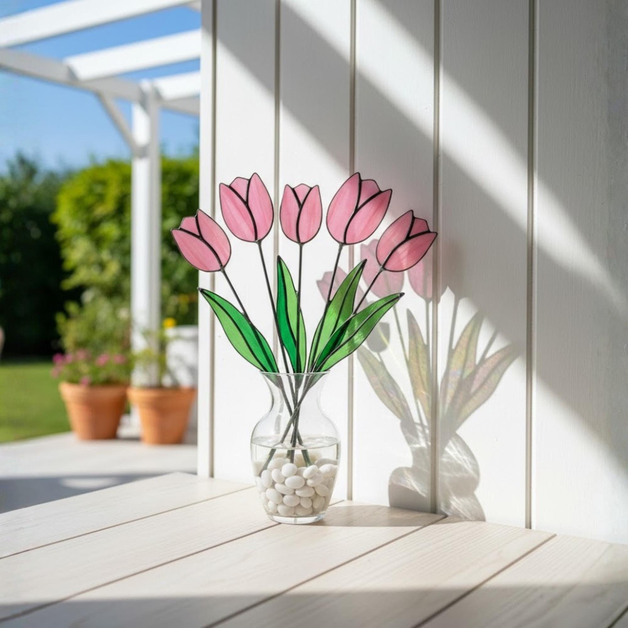 Stained glass tulip flower bouquet, colorful spring decor stems for vase, eternal glass art gift for mom.