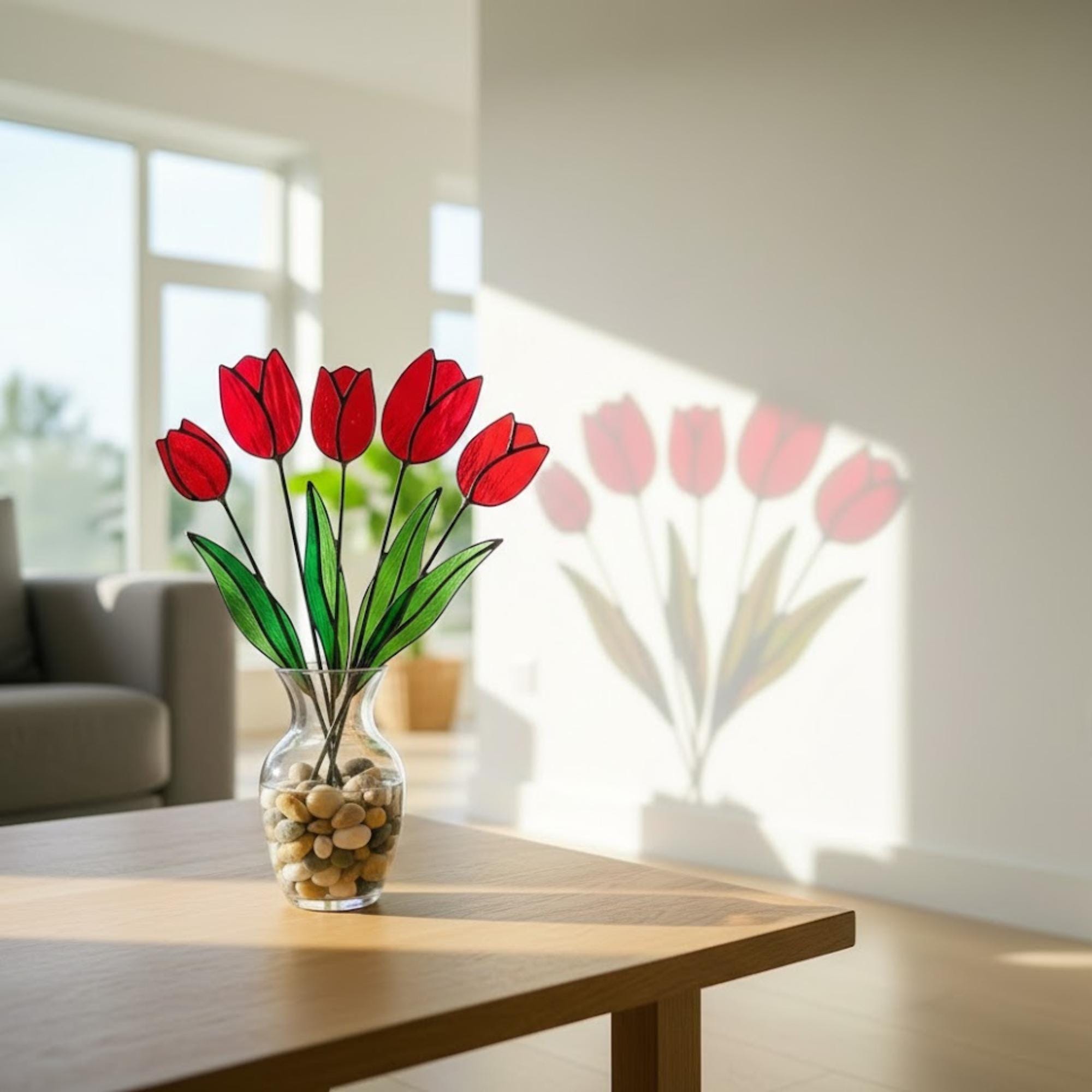 Stained glass tulip flower bouquet, colorful spring decor stems for vase, eternal glass art gift for mom.