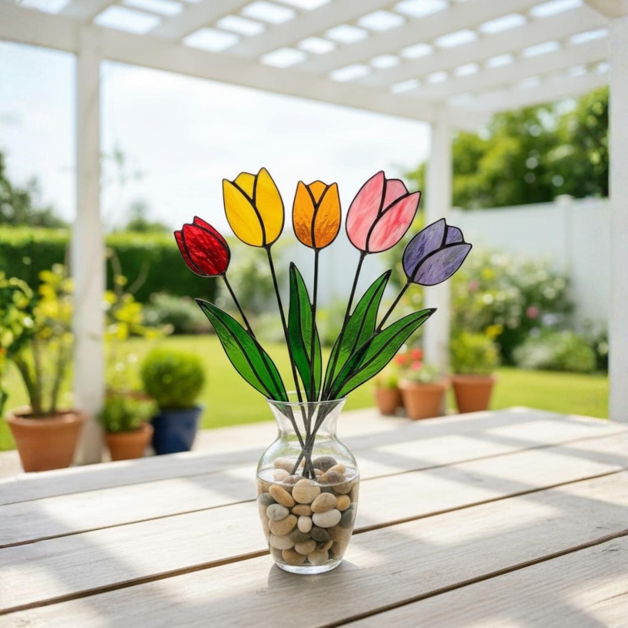 Stained glass tulip flower bouquet, colorful spring decor stems for vase, eternal glass art gift for mom.