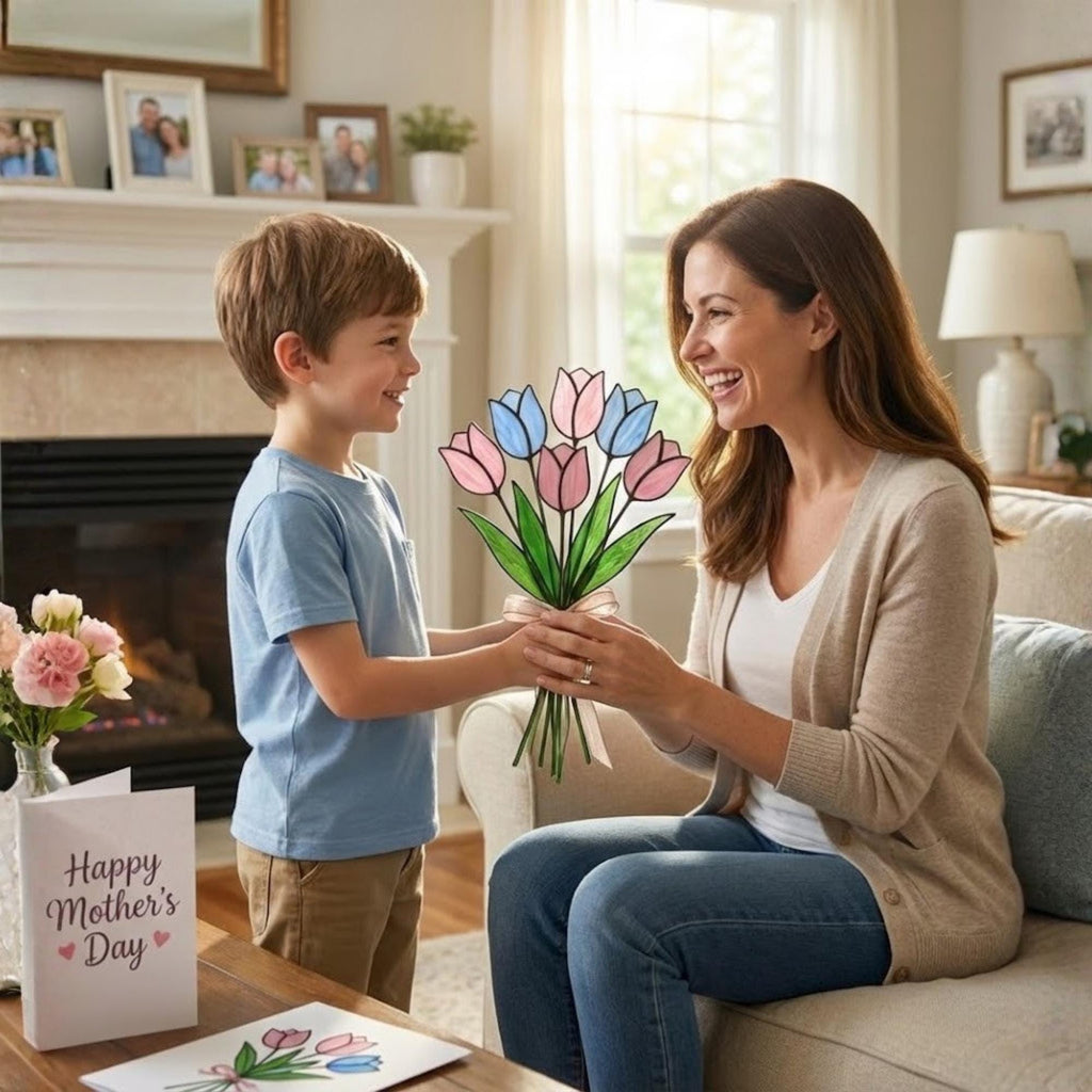 Stained glass tulip flower bouquet, colorful spring decor stems for vase, eternal glass art gift for mom.