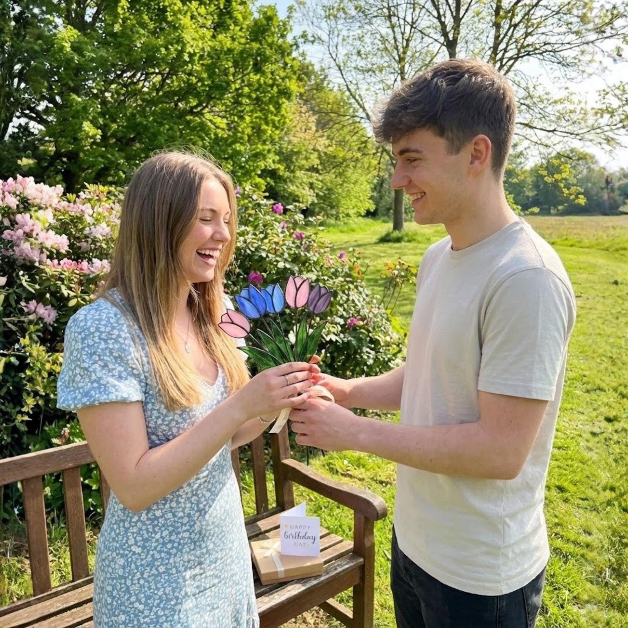 Stained glass tulip flower bouquet, colorful spring decor stems for vase, eternal glass art gift for mom.