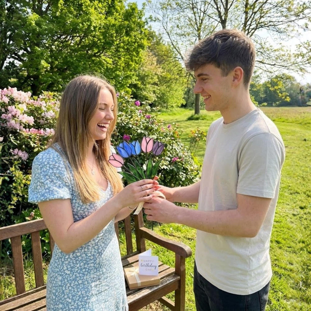 Stained glass tulip flower bouquet, colorful spring decor stems for vase, eternal glass art gift for mom.