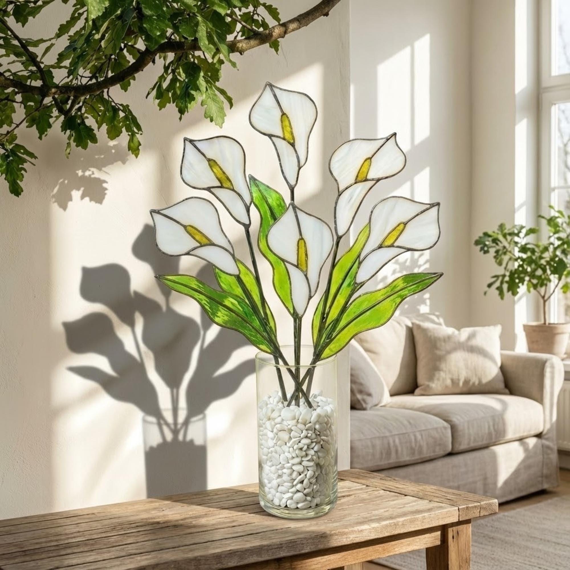 White stained glass calla lily bouquet 3D flower stems in vase casting shadows elegant wedding anniversary gift handmade art by LuzyGlassArt.