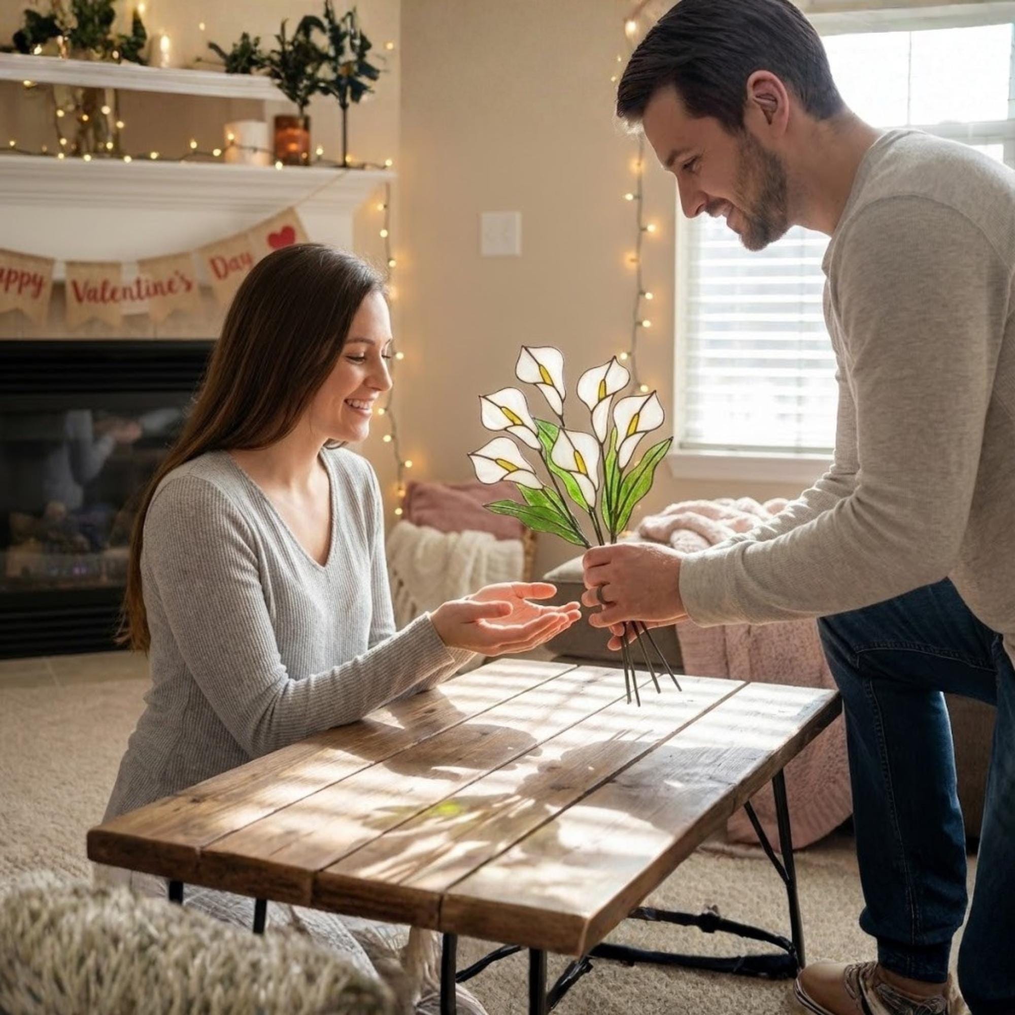 White stained glass calla lily bouquet 3D flower stems in vase casting shadows elegant wedding anniversary gift handmade art by LuzyGlassArt.