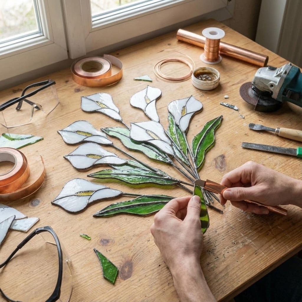 White stained glass calla lily bouquet 3D flower stems in vase casting shadows elegant wedding anniversary gift handmade art by LuzyGlassArt.