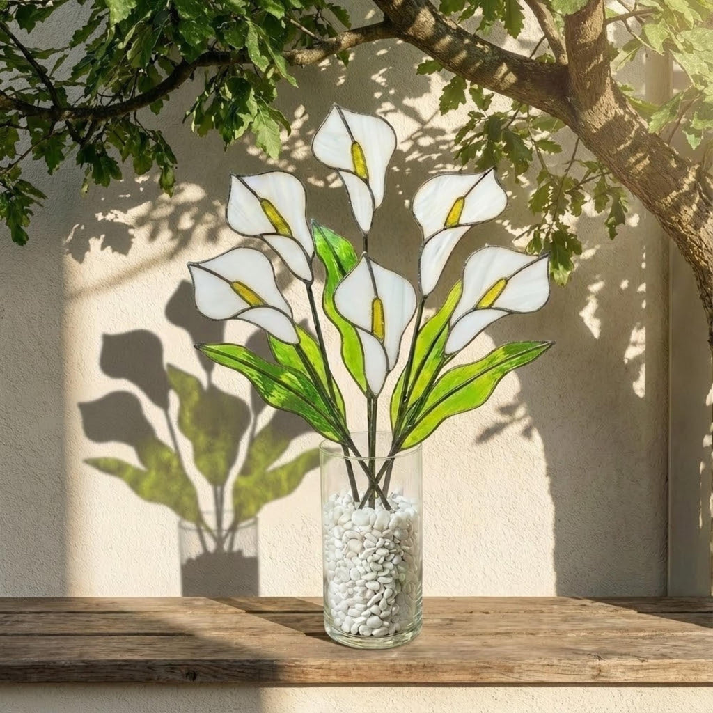 White stained glass calla lily bouquet 3D flower stems in vase casting shadows elegant wedding anniversary gift handmade art by LuzyGlassArt.
