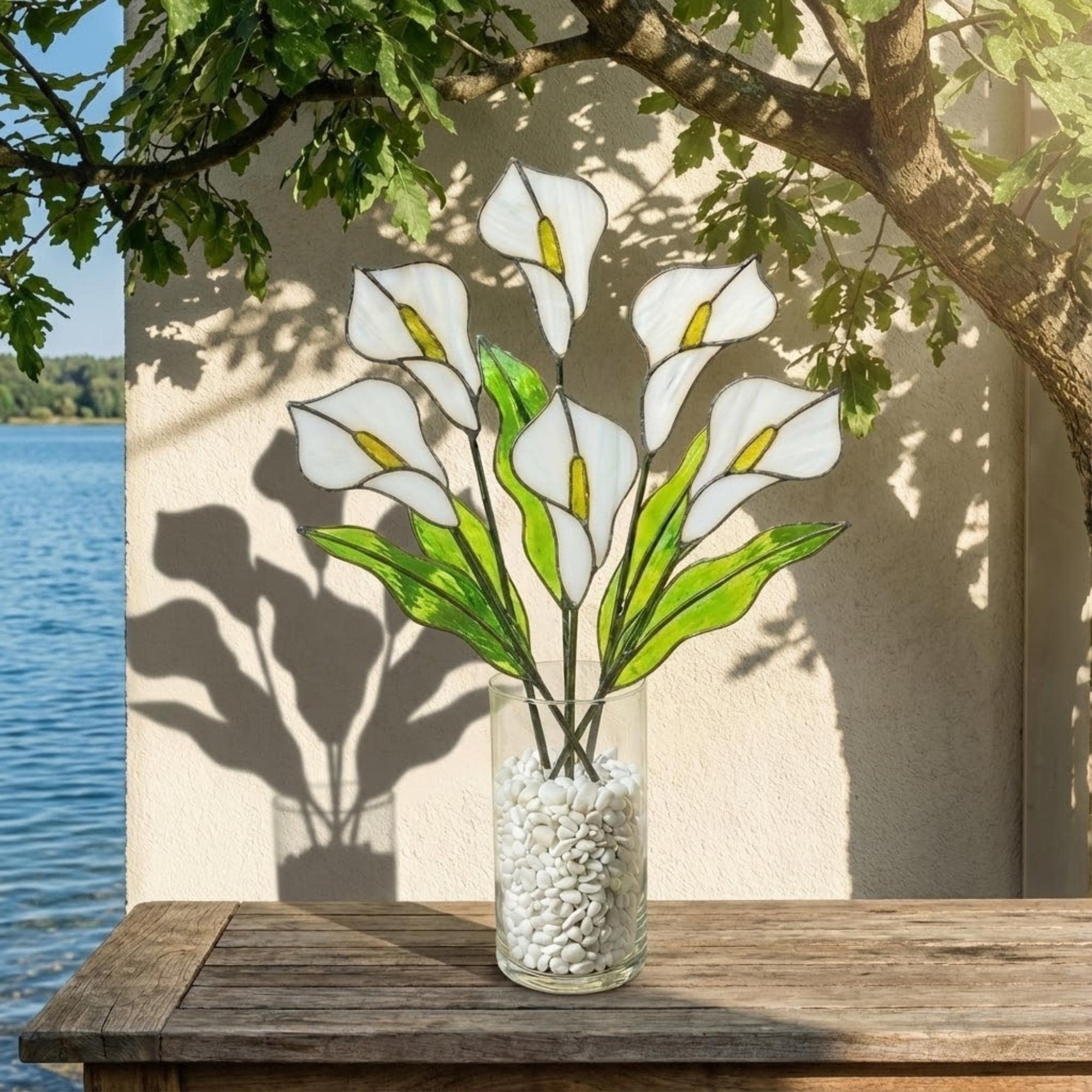 White stained glass calla lily bouquet 3D flower stems in vase casting shadows elegant wedding anniversary gift handmade art by LuzyGlassArt.