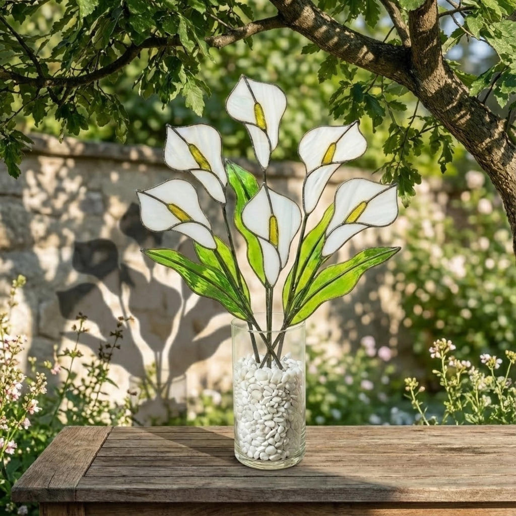 White stained glass calla lily bouquet 3D flower stems in vase casting shadows elegant wedding anniversary gift handmade art by LuzyGlassArt.