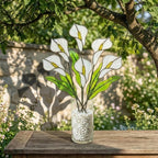 White stained glass calla lily bouquet 3D flower stems in vase casting shadows elegant wedding anniversary gift handmade art by LuzyGlassArt.
