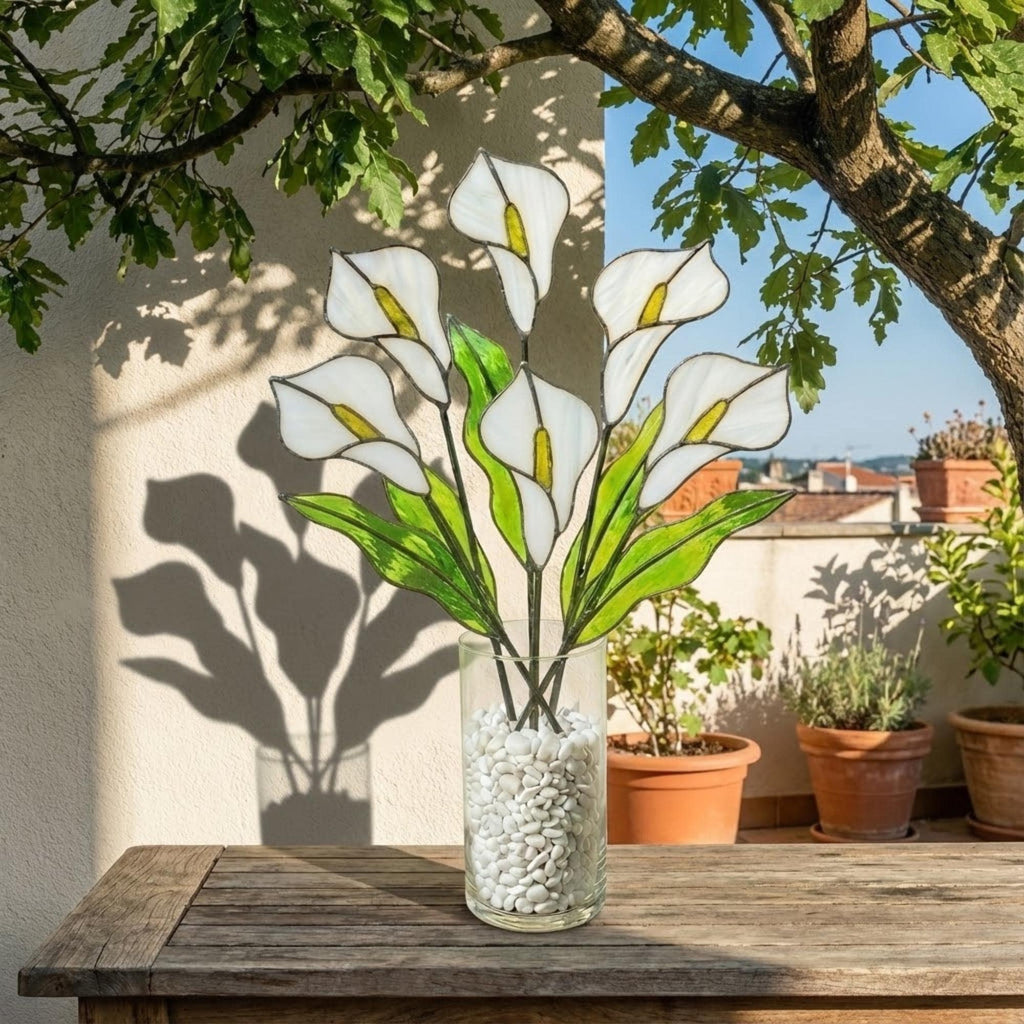 White stained glass calla lily bouquet 3D flower stems in vase casting shadows elegant wedding anniversary gift handmade art by LuzyGlassArt.