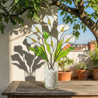 White stained glass calla lily bouquet 3D flower stems in vase casting shadows elegant wedding anniversary gift handmade art by LuzyGlassArt.