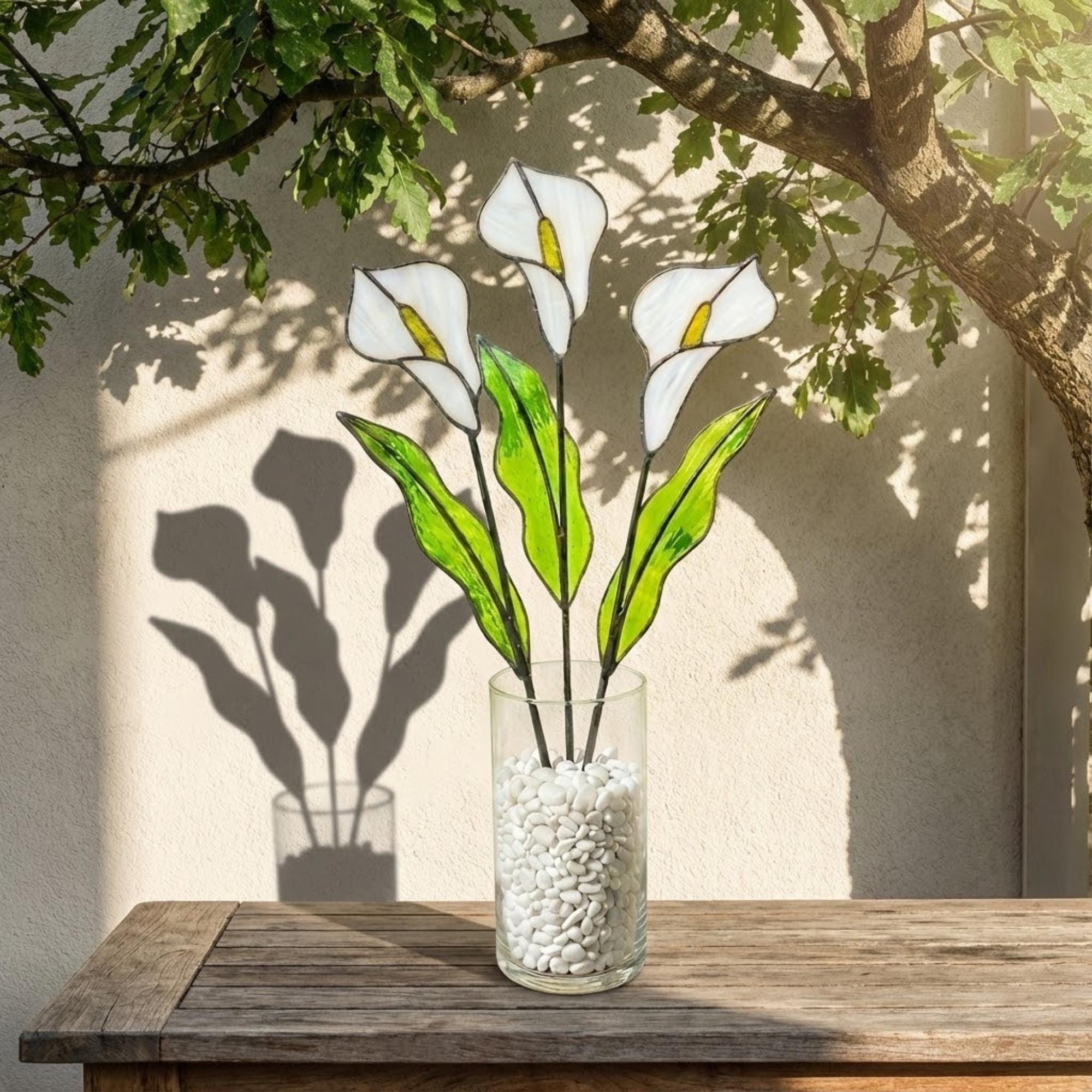 White stained glass calla lily bouquet 3D flower stems in vase casting shadows elegant wedding anniversary gift handmade art by LuzyGlassArt.