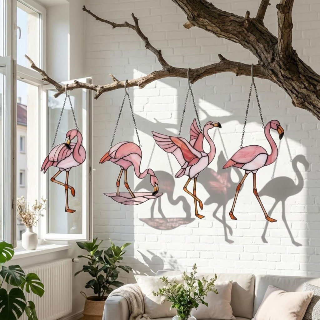 Pink stained glass flamingo suncatcher hanging in window casting vibrant colored shadows tropical beach house decor handmade gift for mom by LuzyGlassArt.