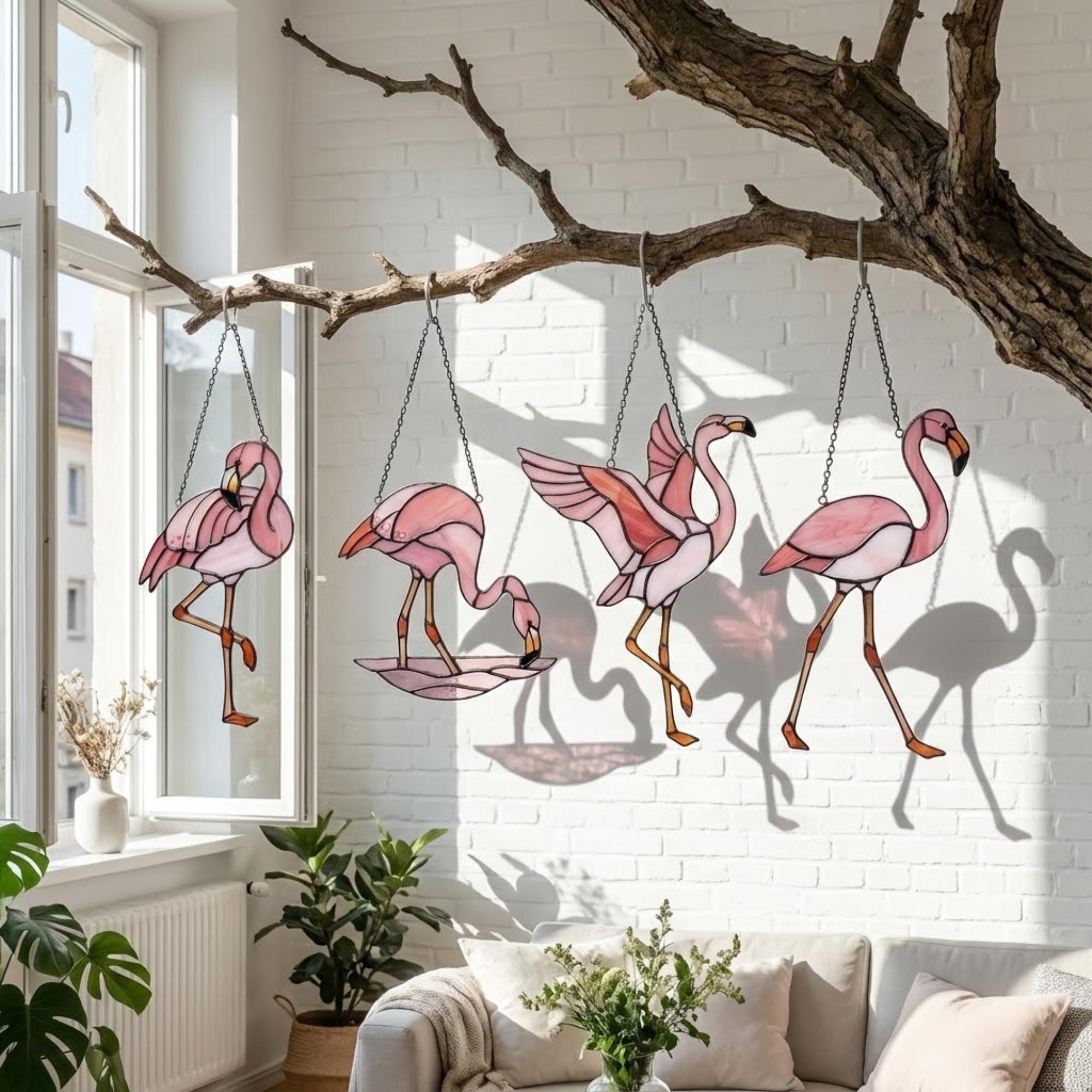 Pink stained glass flamingo suncatcher hanging in window casting vibrant colored shadows tropical beach house decor handmade gift for mom by LuzyGlassArt.