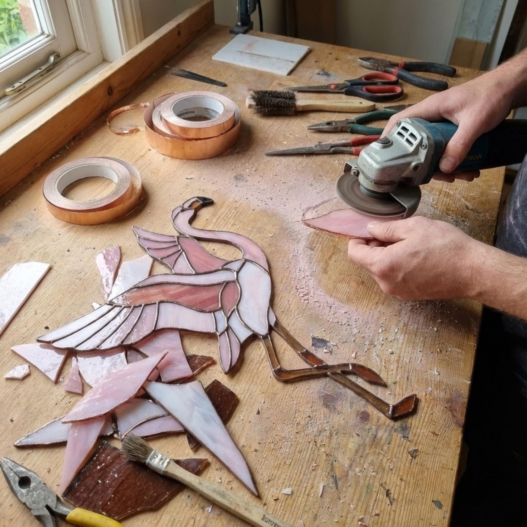 Pink stained glass flamingo suncatcher hanging in window casting vibrant colored shadows tropical beach house decor handmade gift for mom by LuzyGlassArt.