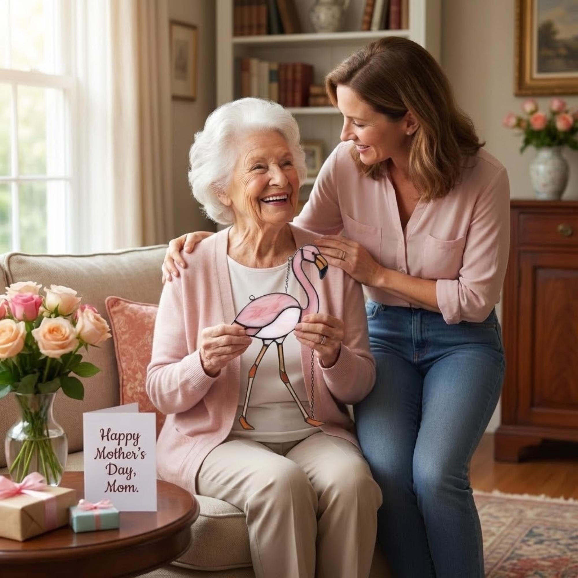 Pink stained glass flamingo suncatcher hanging in window casting vibrant colored shadows tropical beach house decor handmade gift for mom by LuzyGlassArt.