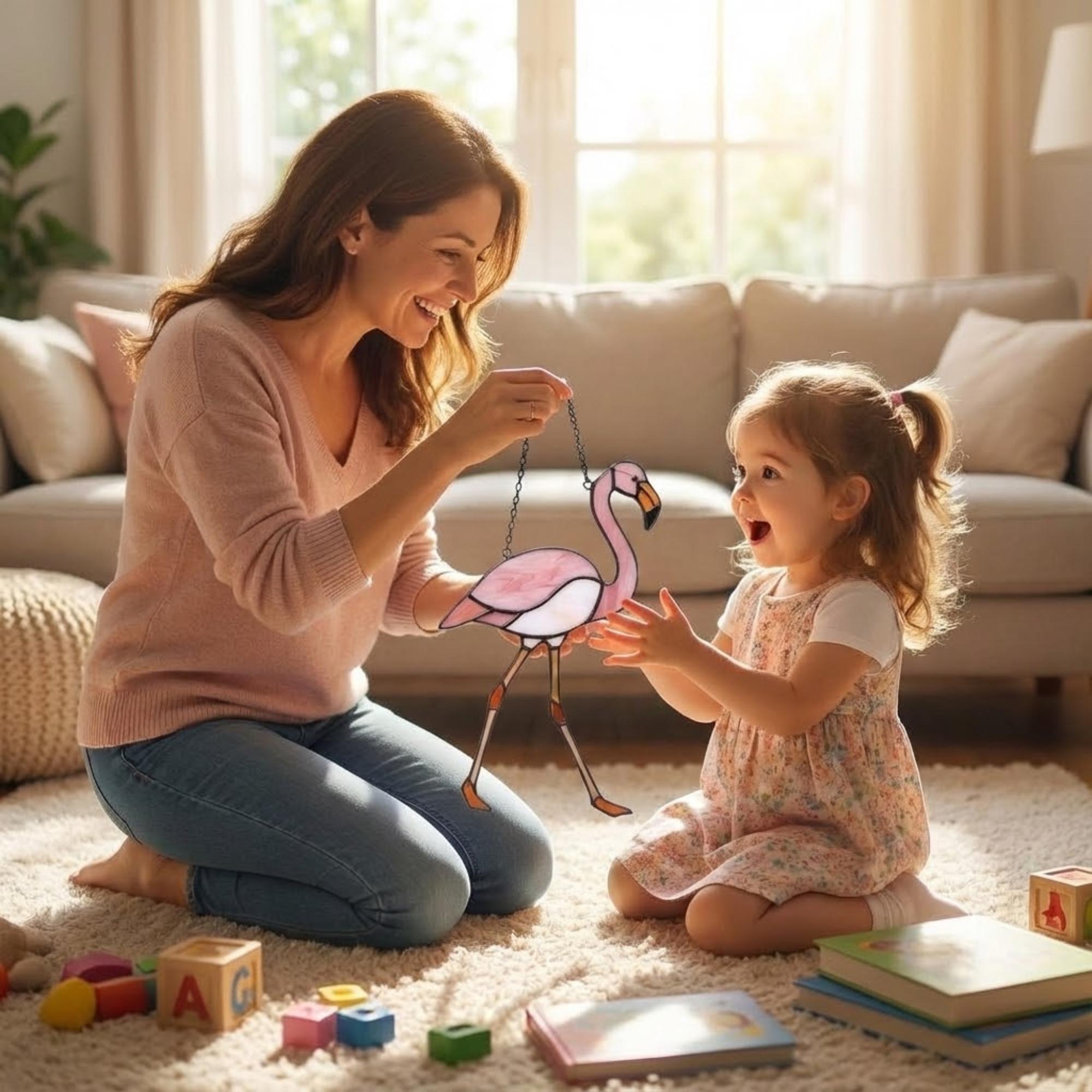 Pink stained glass flamingo suncatcher hanging in window casting vibrant colored shadows tropical beach house decor handmade gift for mom by LuzyGlassArt.