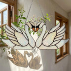Handmade Iridescent Stained Glass Swan Heart Suncatcher. Romantic Window Hanging Decor & Luxury 20th Anniversary Wedding Gift Idea in Wooden Box.