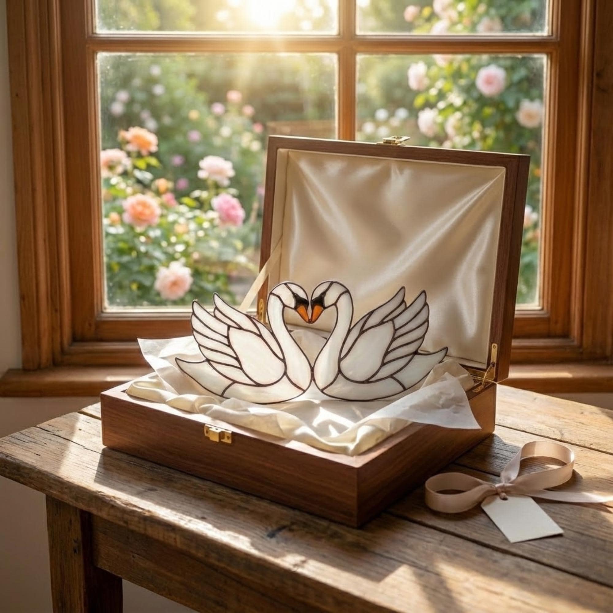 Handmade Iridescent Stained Glass Swan Heart Suncatcher. Romantic Window Hanging Decor & Luxury 20th Anniversary Wedding Gift Idea in Wooden Box.