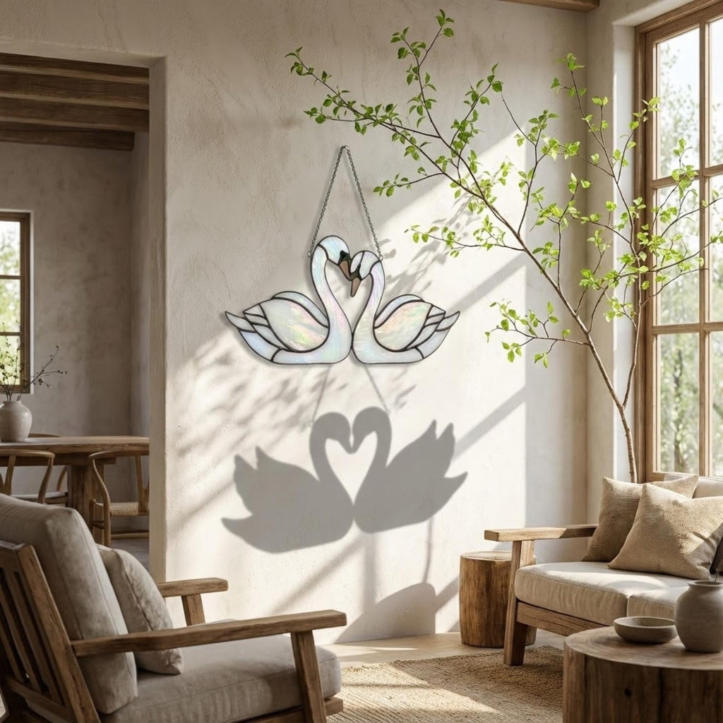Handmade Iridescent Stained Glass Swan Heart Suncatcher. Romantic Window Hanging Decor & Luxury 20th Anniversary Wedding Gift Idea in Wooden Box.