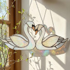 Handmade Iridescent Stained Glass Swan Heart Suncatcher. Romantic Window Hanging Decor & Luxury 20th Anniversary Wedding Gift Idea in Wooden Box.