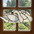 Handmade Iridescent Stained Glass Swan Heart Suncatcher. Romantic Window Hanging Decor & Luxury 20th Anniversary Wedding Gift Idea in Wooden Box.