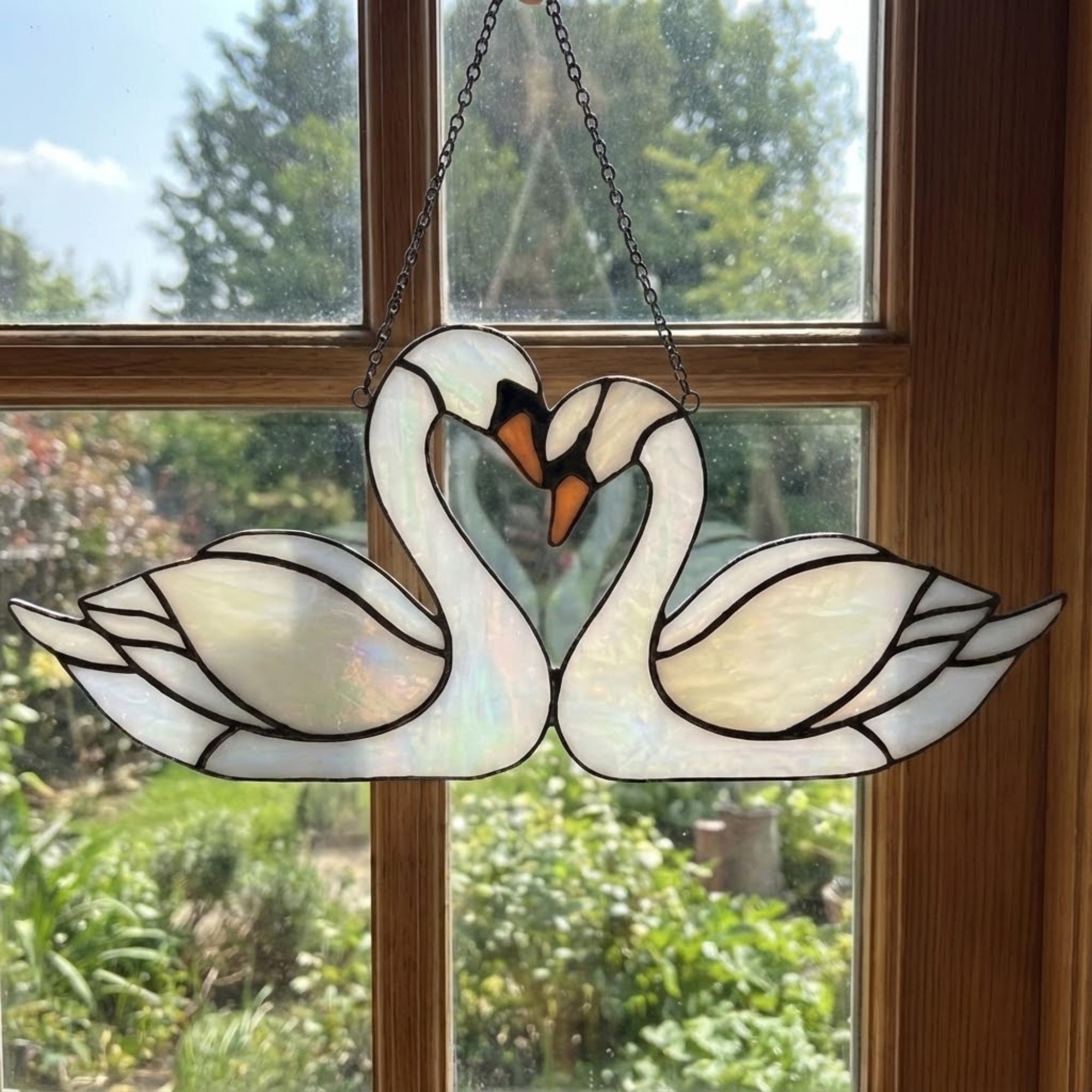Handmade Iridescent Stained Glass Swan Heart Suncatcher. Romantic Window Hanging Decor & Luxury 20th Anniversary Wedding Gift Idea in Wooden Box.