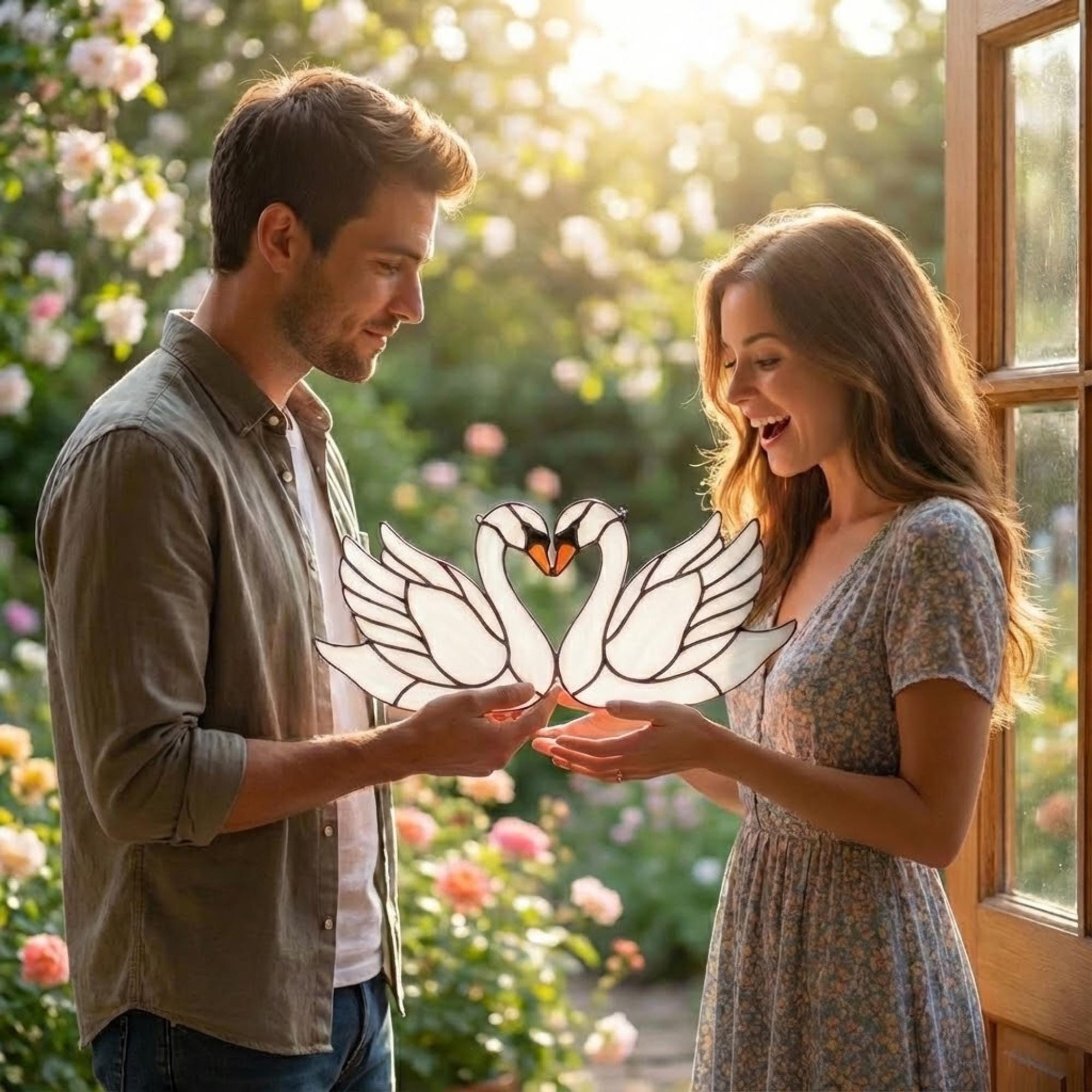 Handmade Iridescent Stained Glass Swan Heart Suncatcher. Romantic Window Hanging Decor & Luxury 20th Anniversary Wedding Gift Idea in Wooden Box.