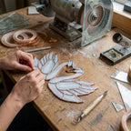 Handmade Iridescent Stained Glass Swan Heart Suncatcher. Romantic Window Hanging Decor & Luxury 20th Anniversary Wedding Gift Idea in Wooden Box.