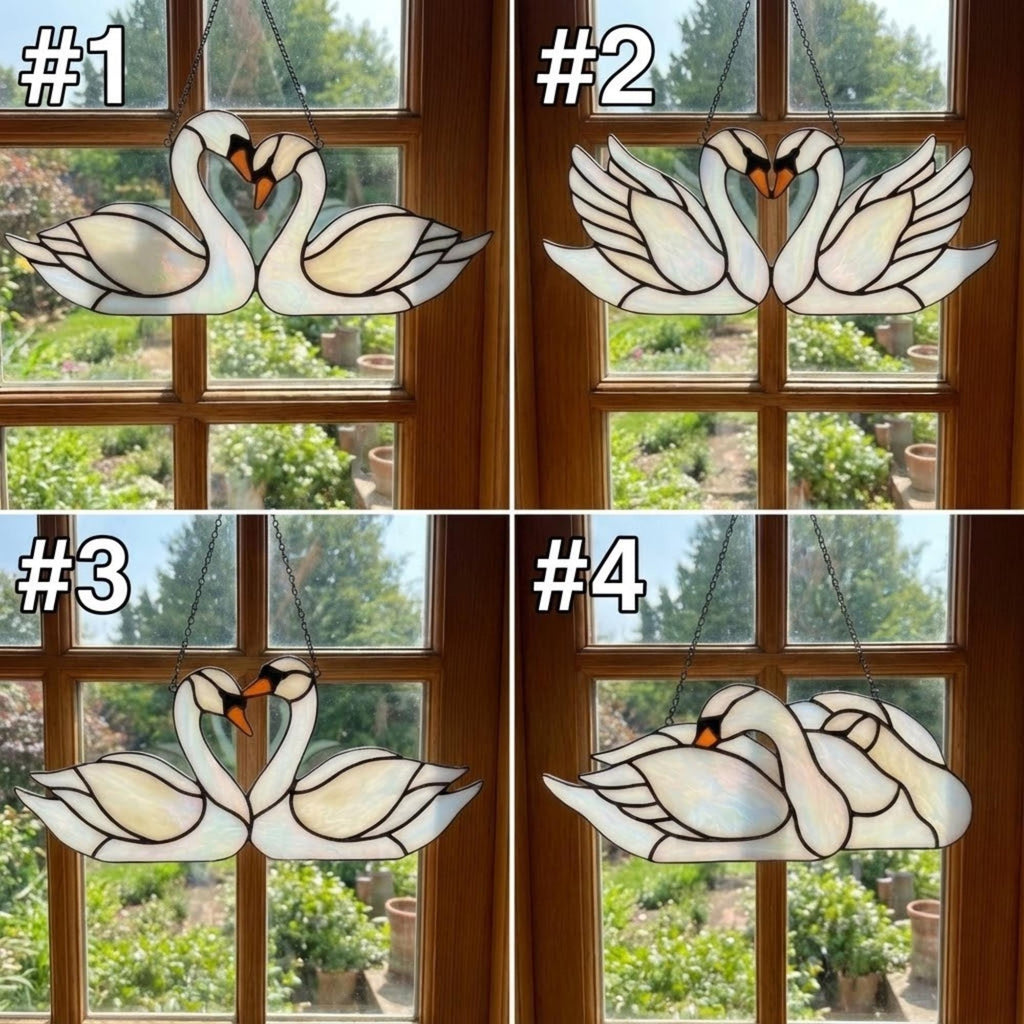 Handmade Iridescent Stained Glass Swan Heart Suncatcher. Romantic Window Hanging Decor & Luxury 20th Anniversary Wedding Gift Idea in Wooden Box.