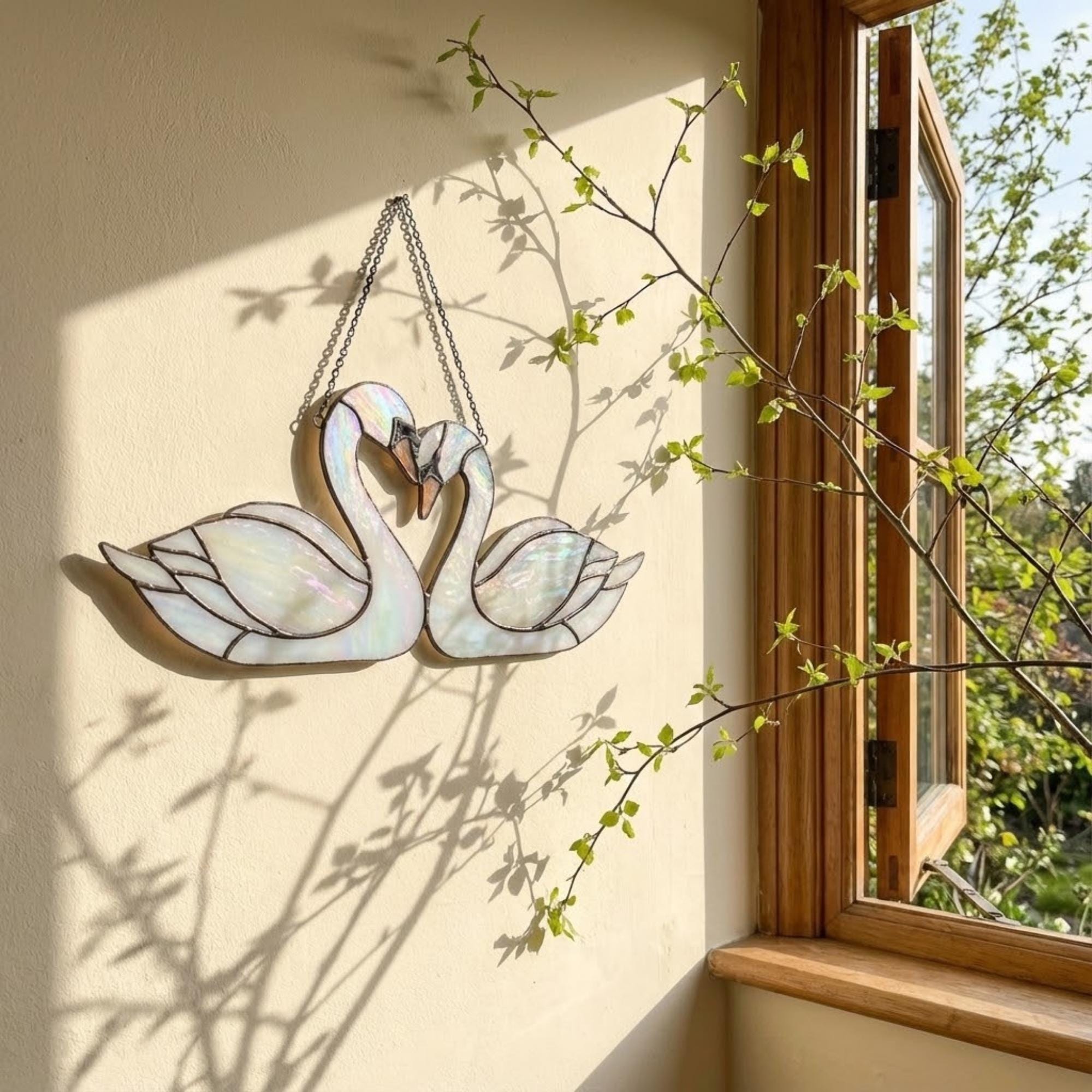 Handmade Iridescent Stained Glass Swan Heart Suncatcher. Romantic Window Hanging Decor & Luxury 20th Anniversary Wedding Gift Idea in Wooden Box.