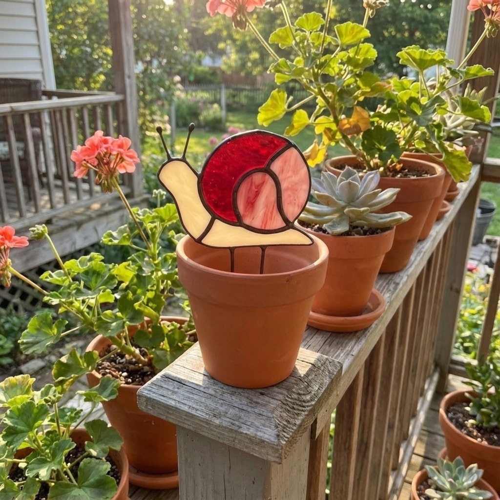 Cute stained glass snail suncatcher hanging on window, whimsical cottagecore decor for plant lovers, colorful glass animal art handmade in Vietnam, goblincore aesthetic gift.