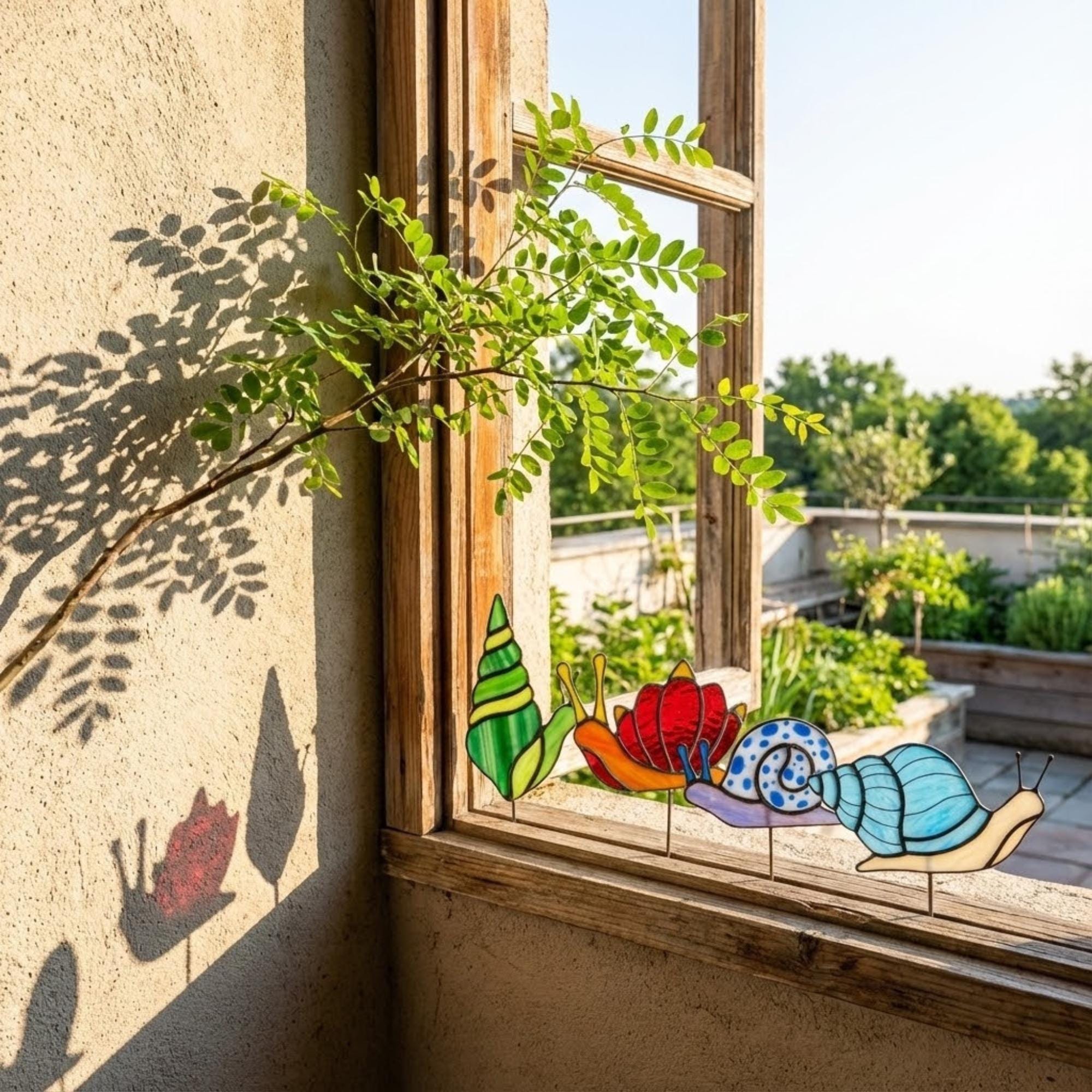 Cute stained glass snail suncatcher hanging on window, whimsical cottagecore decor for plant lovers, colorful glass animal art handmade in Vietnam, goblincore aesthetic gift.
