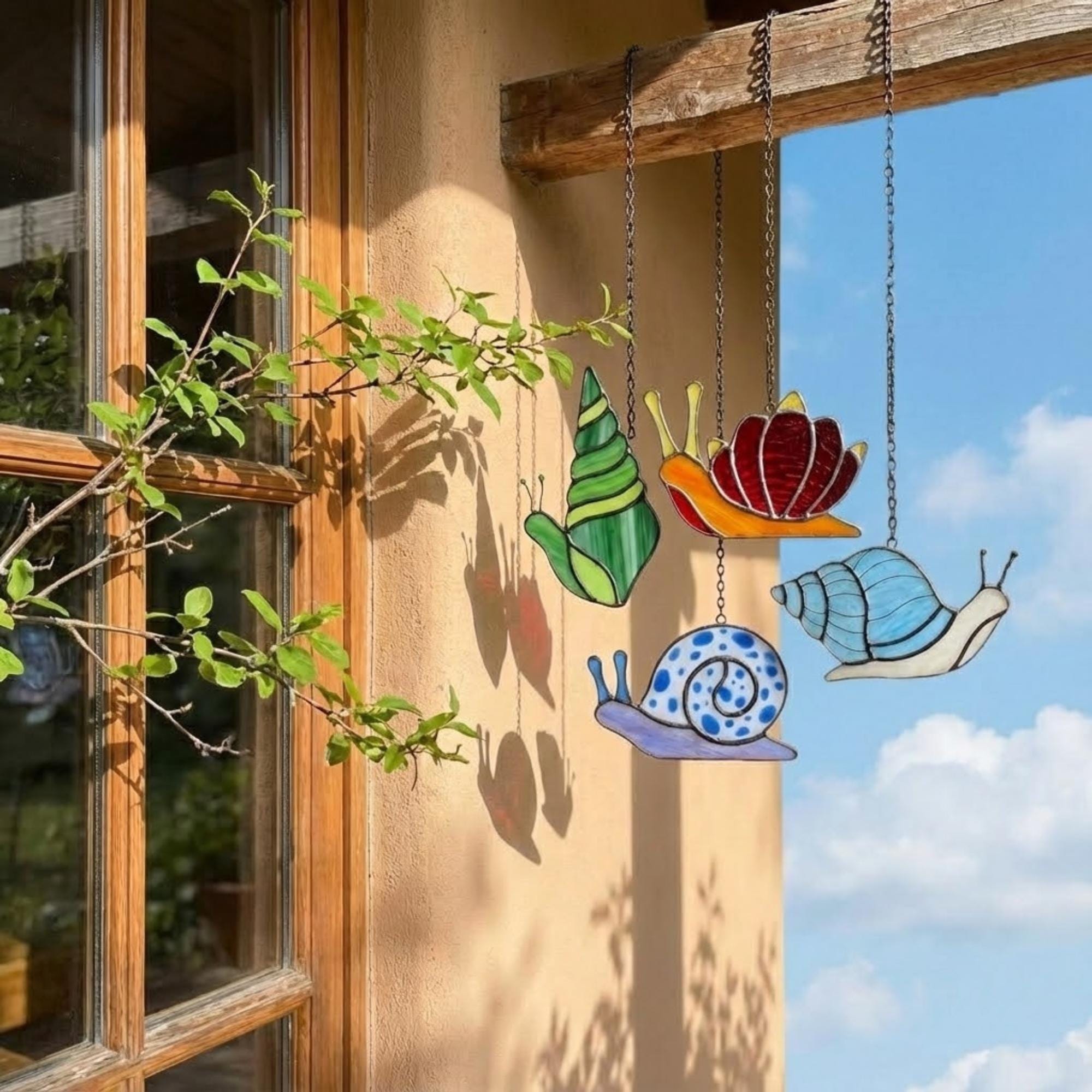 Cute stained glass snail suncatcher hanging on window, whimsical cottagecore decor for plant lovers, colorful glass animal art handmade in Vietnam, goblincore aesthetic gift.
