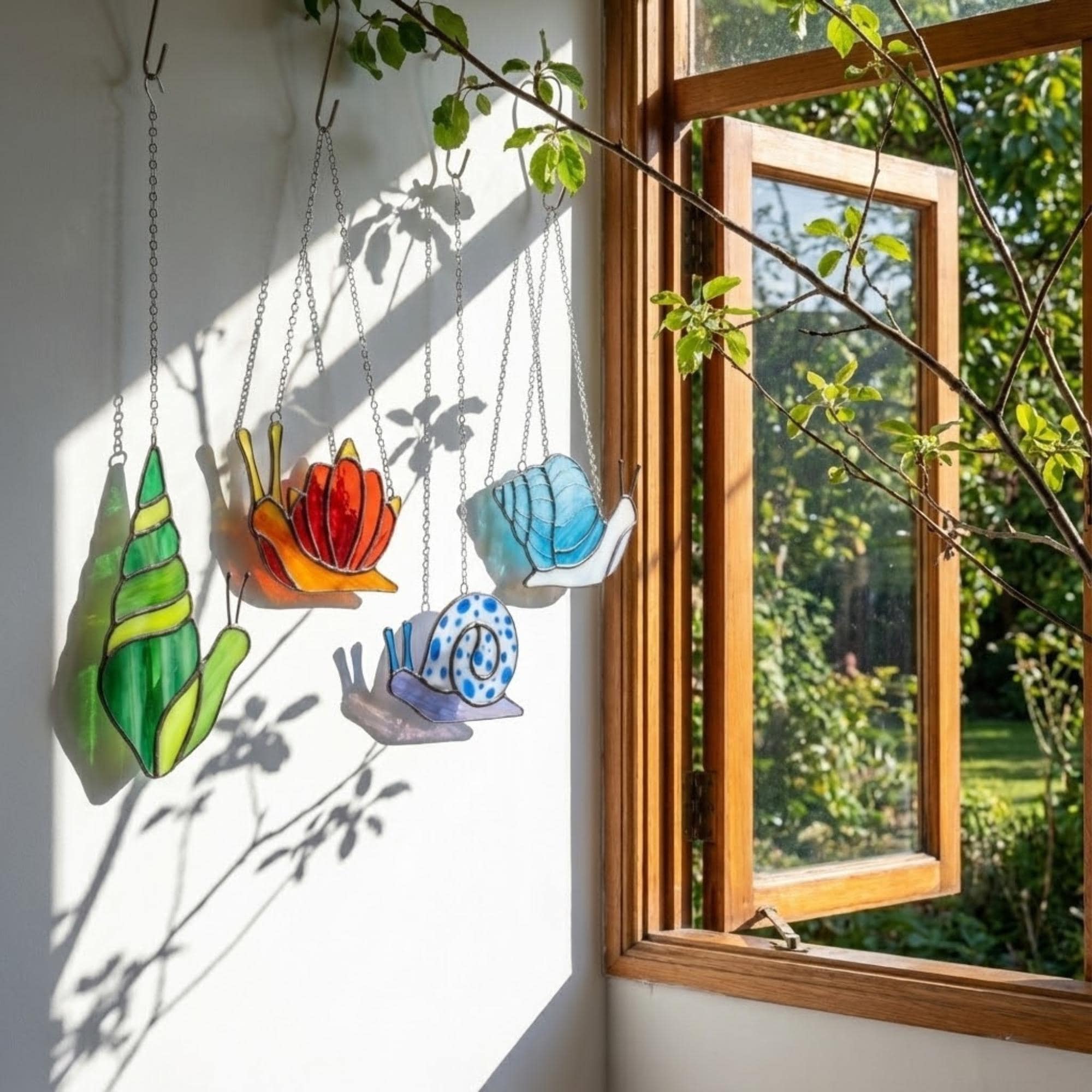 Cute stained glass snail suncatcher hanging on window, whimsical cottagecore decor for plant lovers, colorful glass animal art handmade in Vietnam, goblincore aesthetic gift.