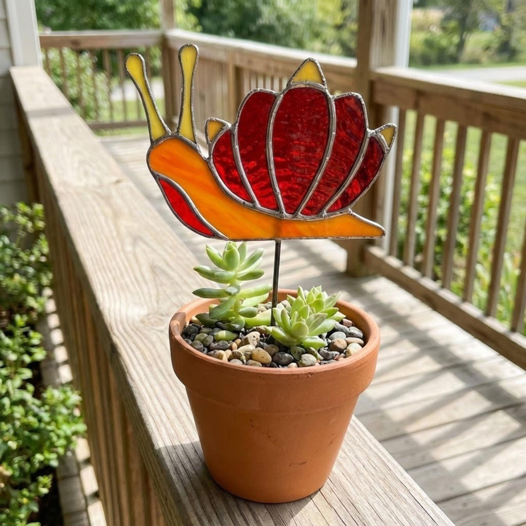 Cute stained glass snail suncatcher hanging on window, whimsical cottagecore decor for plant lovers, colorful glass animal art handmade in Vietnam, goblincore aesthetic gift.