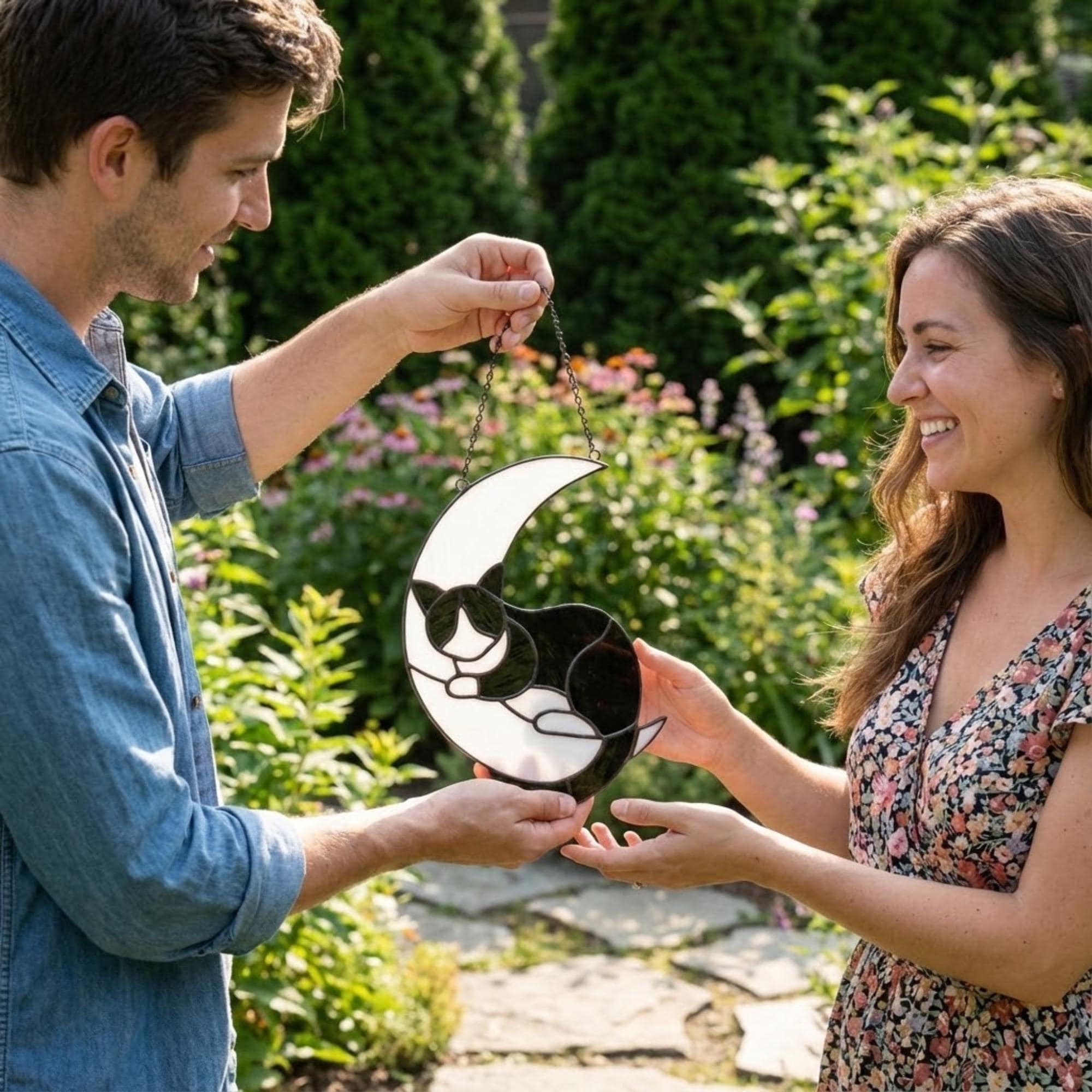 Stained glass sleeping cat on moon suncatcher window hanging, black orange tuxedo calico cat memorial gift for pet loss, handmade celestial decor by LuzyGlassArt.