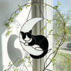 Stained glass sleeping cat on moon suncatcher window hanging, black orange tuxedo calico cat memorial gift for pet loss, handmade celestial decor by LuzyGlassArt.