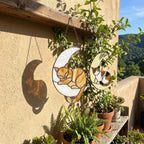 Stained glass sleeping cat on moon suncatcher window hanging, black orange tuxedo calico cat memorial gift for pet loss, handmade celestial decor by LuzyGlassArt.