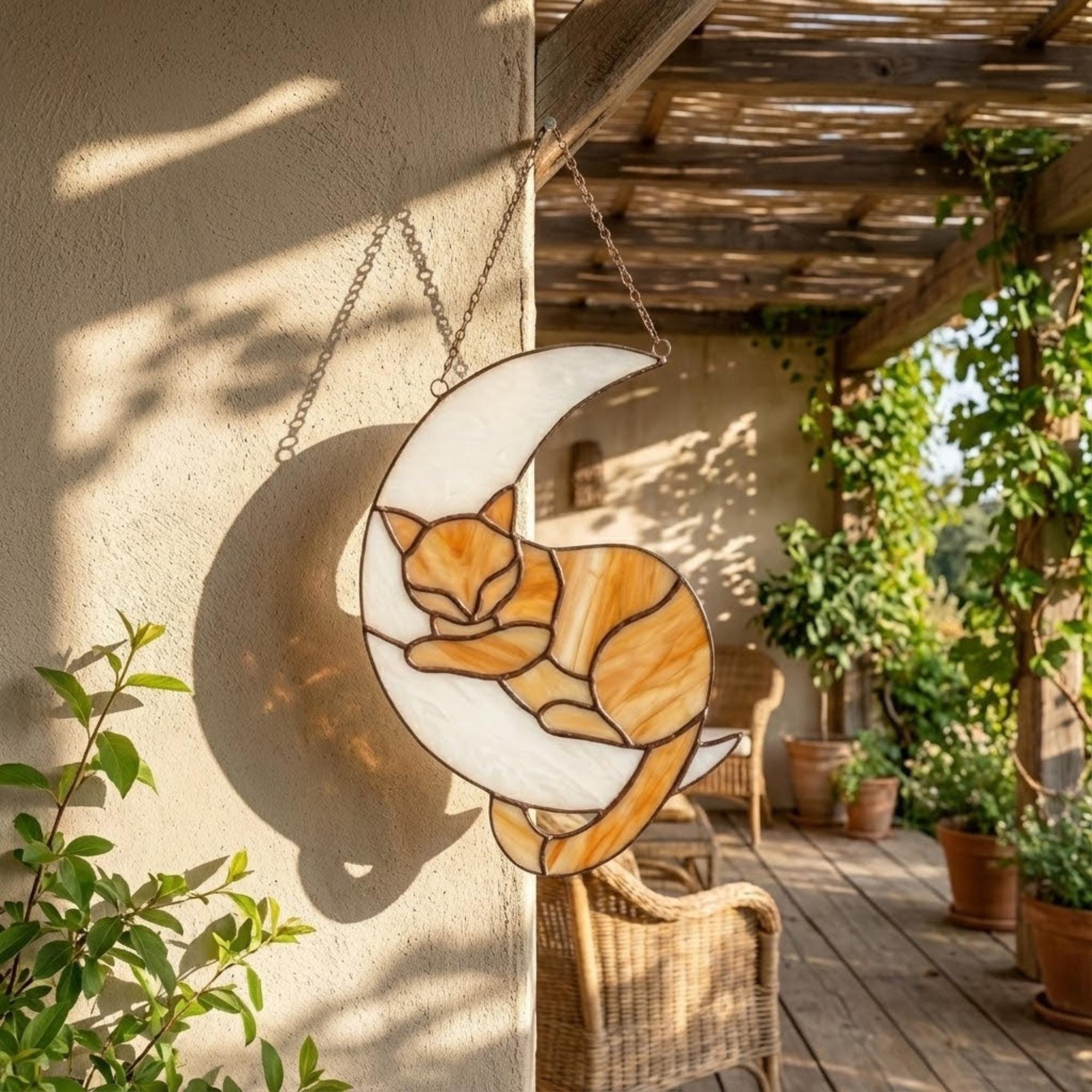 Stained glass sleeping cat on moon suncatcher window hanging, black orange tuxedo calico cat memorial gift for pet loss, handmade celestial decor by LuzyGlassArt.