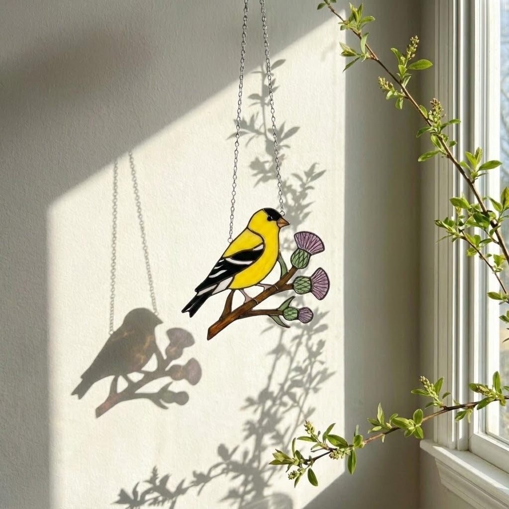 Stained glass American Goldfinch suncatcher hanging on window casting yellow shadows, vibrant yellow bird ornament for birdwatchers, handmade state bird gift for New Jersey Iowa Washington by LuzyGlassArt.