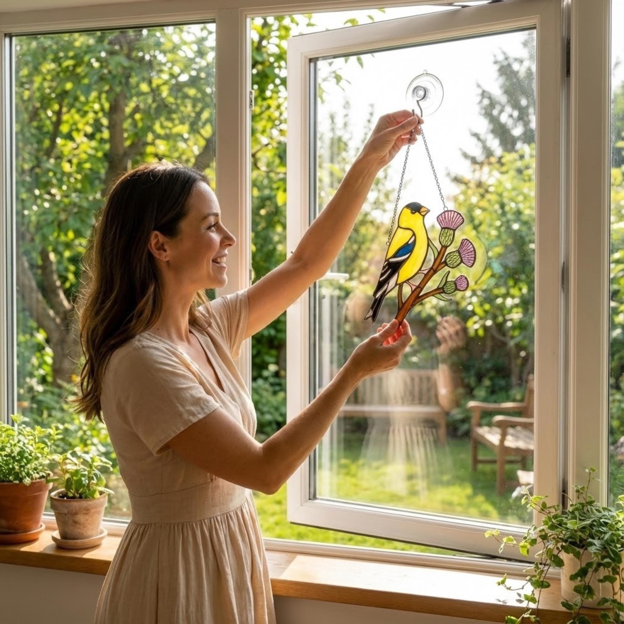 Stained glass American Goldfinch suncatcher hanging on window casting yellow shadows, vibrant yellow bird ornament for birdwatchers, handmade state bird gift for New Jersey Iowa Washington by LuzyGlassArt.