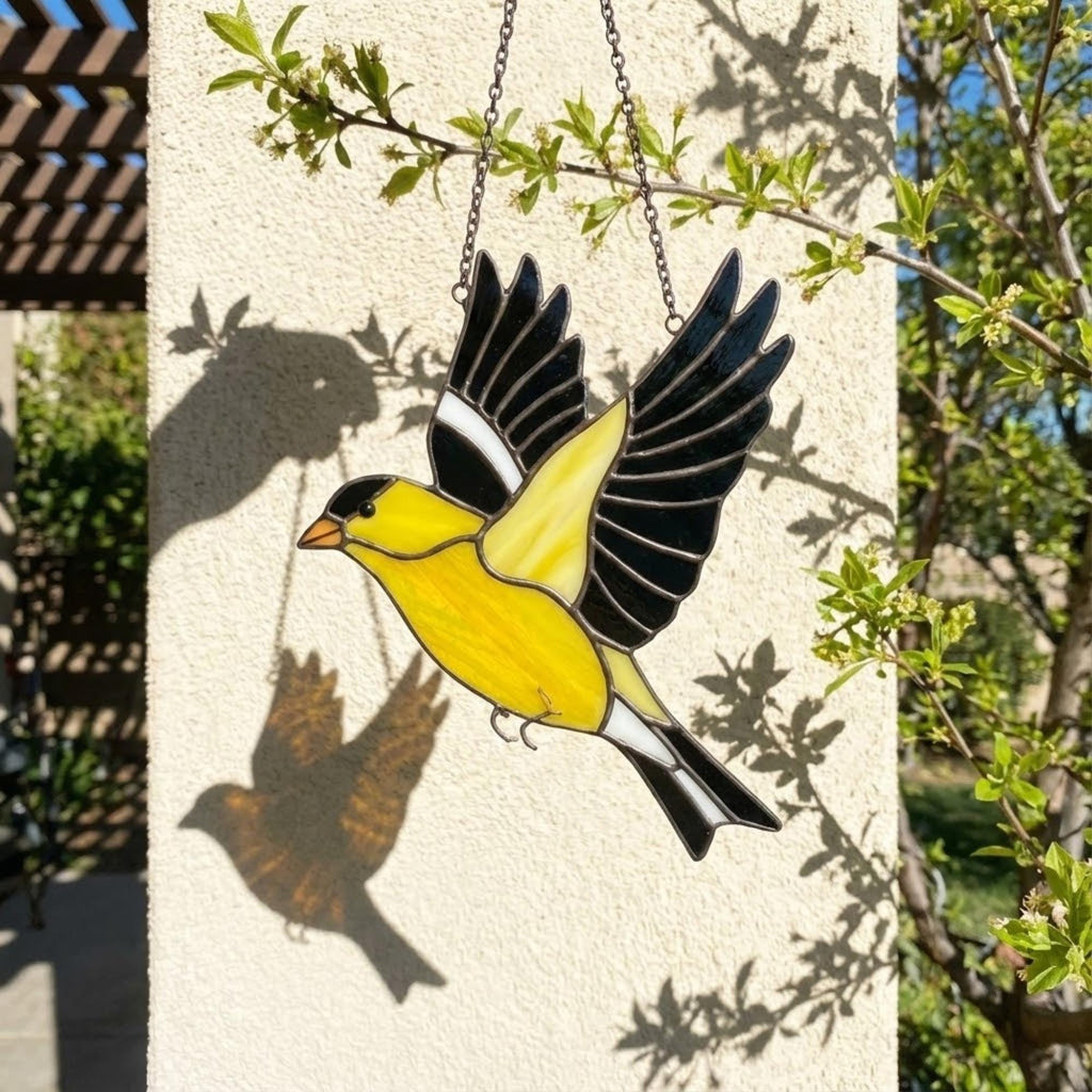 Stained glass American Goldfinch suncatcher hanging on window casting yellow shadows, vibrant yellow bird ornament for birdwatchers, handmade state bird gift for New Jersey Iowa Washington by LuzyGlassArt.