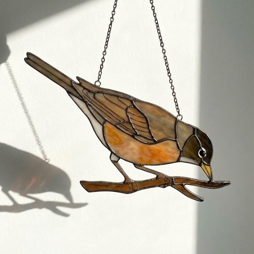 Stained glass American Robin bird suncatcher with orange breast hanging on window, handmade state bird gift for Michigan Wisconsin Connecticut, spring garden decor by LuzyGlassArt.