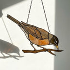 Stained glass American Robin bird suncatcher with orange breast hanging on window, handmade state bird gift for Michigan Wisconsin Connecticut, spring garden decor by LuzyGlassArt.