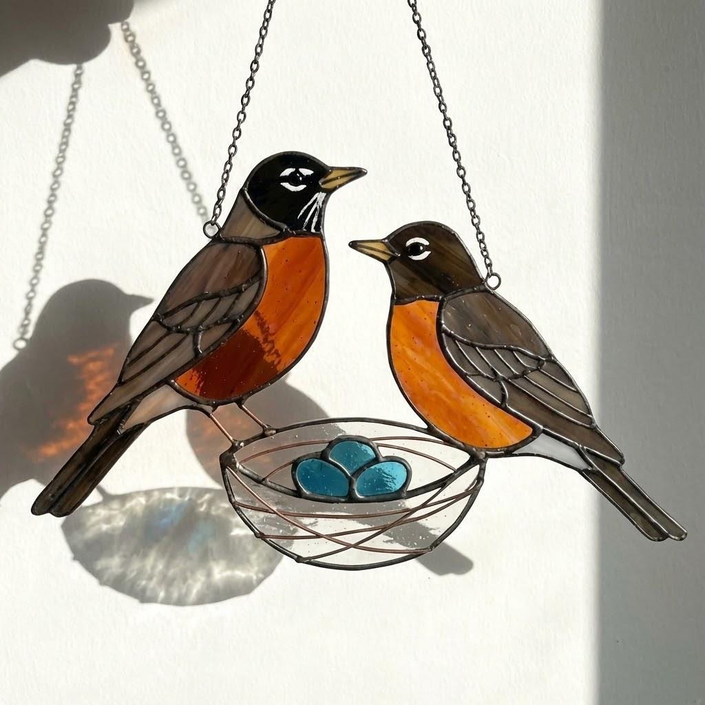Stained glass American Robin bird suncatcher with orange breast hanging on window, handmade state bird gift for Michigan Wisconsin Connecticut, spring garden decor by LuzyGlassArt.